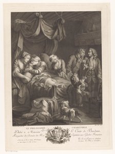 Mulher com bebê no parto, cercada por outras figuras Le Philosophe Charitable (título no objeto) de Nicolas Joseph Voyez