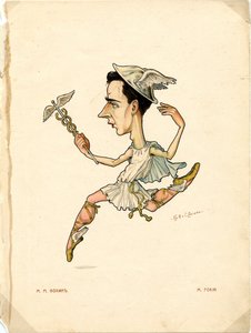 Retrato de Mikhail (Michel) Fokine (1880-1942) bailarino e coreógrafo russo - Litografia de Nikolai Gustavovich Legat (1869-1937), do Ballet russo em desenhos animados