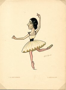 Retrato de Tamara Karsavina (1885-1978) Bailarina russa - Litografia de Nikolai Gustavovich Legat (1869-1937), do Ballet russo em desenhos animados