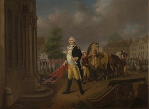 General Humphreys Entregando os Padrões realizados em Yorktown ao Congress Hall, Filadélfia de Nicolas Louis Albert Delerive