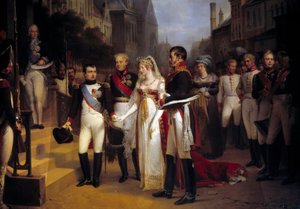 O Imperador Napoleão Bonaparte (1769-1821) recebeu a Rainha Luísa da Prússia em Tilsit (Tilsitt) em 6/07/1807. Nas escadas está à espera do diplomata Talleyrand. Pintura de Nicolas Louis Gosse (1787-1878) 1837 Sol. 3,51x4,92 m Versailles, musee du Chateau 