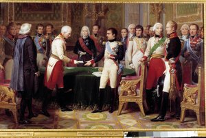 A entrevista de Erfurt, 27 de Setembro - 14 de Outubro de 1808: Napoleão I recebe o Barão Vincent, um diplomata austríaco e enviado pelo Imperador da Áustria. No meio entre os dois personagens vemos Charles Maurice de Talleyrand Perigord (1754-1838). Dor