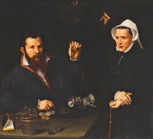 Retrato de um mestre de Essai e sua esposa, meio comprimento, c.1561-7