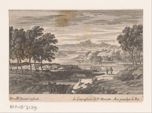 Paisagem com caminhantes na ponte de pedra de Nicolas Perelle