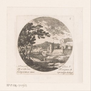 Cidade fortificada e figuras na árvore de Nicolas Perelle