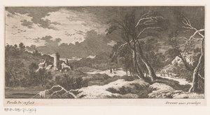 Paisagem de Inverno com casas e torre de Nicolas Perelle