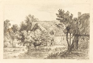 Uma casa e uma casa de campo sombreada às margens de um rio