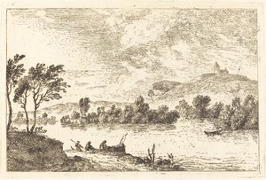 Paisagem fluvial com figuras e um barco à beira da água