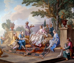 Almoço do Sultão. Pintura em porcelana macia de Nicolas Pierre Pithou Le Jeune (século XVIII) 1783 Dim. 0,39x0,49 m Sevres, citação em cerâmica - O pequeno-almoço da Sultana. Pintura em porcelana de pasta mole de Nicolas Pierre Pithou The Younger (século X de Nicolas Pierre the Younger Pithou
