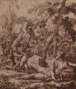 Uma paisagem arborizada com um deus do rio e Putti (caneta e tinta) de Nicolas Poussin