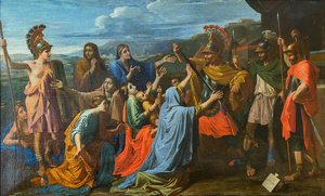 Coriolano persuadido por sua família a poupar Roma Veturia aos pés de Coriolano, ca 1652. de Nicolas Poussin