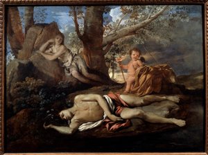Ilustração de Echo e Narciso para a lenda que inspirou Ovide em "Les Metamorphoses" Pintura de Nicolas Poussin (1594-1665) Sol do século XVII. 0,74x1 m Paris, de Nicolas Poussin