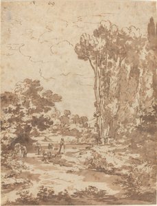 Figuras tomando banho em um riacho de Nicolas Poussin