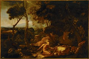 Paisagem com São Jerónimo ... (pintura sobre tela) de Nicolas Poussin