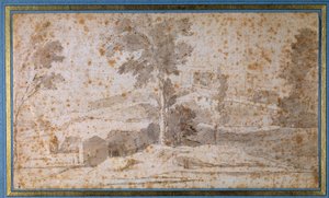 Paisagem com uma grande árvore no centro e um miradouro de Nicolas Poussin