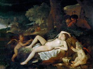 Descansando Vênus com cupido, ca 1624. de Nicolas Poussin