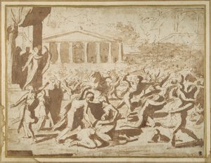 Estudo para o Sequestro das Mulheres Sabine, c.1633 (tinta e lavagem em papel) de Nicolas Poussin