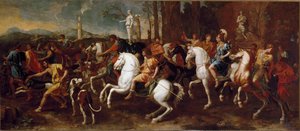 A caça de Meleagre. Heros da mitologia grega que são famosos durante a caça ao javali de Calydon. Pintura de Nicolas Poussin de Nicolas Poussin