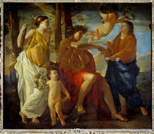 A inspiração do poeta Un poete, uma lira na mão e touca de uma coroa de louros, é cercada por musas e putti. pintura de Nicolas Poussin de Nicolas Poussin