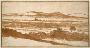 Vista através de um vale em direção a colinas distantes (escova e lavagem marrom-avermelhada, em papel off-white, colocado sobre um suporte de cartão branco) de Nicolas Poussin