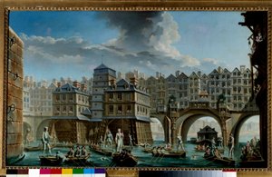 O jogo do marinheiro entre o Pont Notre-Dame e o Pont-au-Change Um jogo náutico no Sena, em Paris. Pintura de Nicolas Jean Baptiste Raguenet (1715-1793) 1756 Paris, Musee Carnavalet