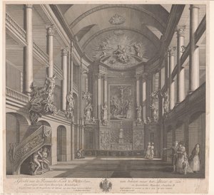 Interior da Igreja de Santa Rosalia em Rotterdam Vista da Igreja Romana em Rotterdam, vista de dentro para o altar (título no objeto) de Nicolas Ransonnette