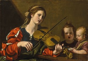 Mulher tocando violino com duas crianças cantando (óleo sobre tela)
