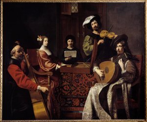 Música barroca: "O concerto" Músicos tocando instrumentos de corda. Pintura de Nicolas Tournier (1590-1657) Sol do século XVII. 1,88x2,26 m