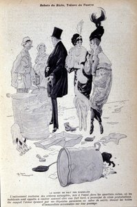 Paris: o lixo se acumula na rua diante de pessoas elegantemente vestidas. Ilustração da imprensa francesa por H. Tournier de Nicolas Tournier