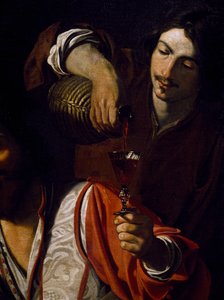 Servant pouring wine, detalhe do Encontro de bebedores, de Nicolas Tournier (baptizado em 1590 - antes de 1639), azeite sobre tela