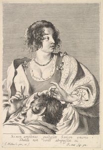 Dalila se preparando para cortar o cabelo de Sansão com uma tesoura na mão direita, abaixo do peito..., ca. 1629. de Nicolas Viennot