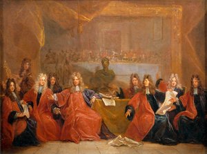 O reitor dos comerciantes e os vereadores da cidade de Paris deliberando sobre a oferta de um banquete a Luís XIV ...
