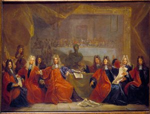 Le prevot des marchands et les echevins de la ville de Paris deliberando sobre a festa oferecida a Luís XIV para a sua convalescença em 30 de Janeiro de Nicolas de Largillière