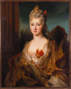Retrato de uma senhora, meio comprimento, em um vestido bordado branco e dourado, com flores no cabelo de Nicolas de Largillière