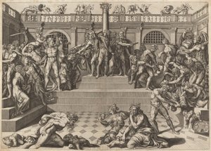O Massacre dos Inocentes de Nicolaus Beatrizet, after Marco Dente, after Baccio Bandinelli