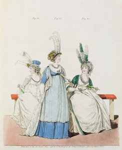 Vestidos de noite para Ópera e Concertos, fig. 96, 97 e 98 da "Galeria da Moda" de Nikolaus Heideloff, maio de 1796 (impressão)