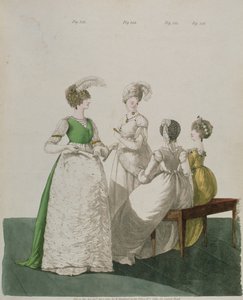 Quatro meninas em vestidos de baile da &39;Galeria da Moda&39; de N. Heideloff, abril de 1800 de Nicolaus von Heideloff