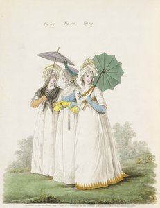 Vestidos de manhã, figos. 107, 108 e 109 da "Galeria da Moda" de Nikolaus Heideloff, vol. II, agosto de 1796 (impresso)