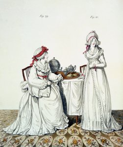 Duas senhoras no café da manhã em seu camarim, usando toucas e peignoir, da Galeria da Moda de Nikolaus Heideloff, Vol. I, novembro de 1794