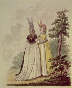 Vestidos de caminhada de &39;Gallery of Fashion&39;, de N. Heideloff, 1796 (aquatint)