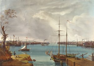 Vista, de, nova iorque, brooklyn, e, a, jarda marinha, levado, de, a, alturas, perto, Willamsburg, c.1835-45, (guache, wc, ligado, paper)