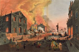 Vista das ruínas após o fogo grande em Nova York, 16-17 de dezembro de 1835, gravado por WI Bennett, pub. por LP Glover, Nova York, 1835 (cor aquatint)