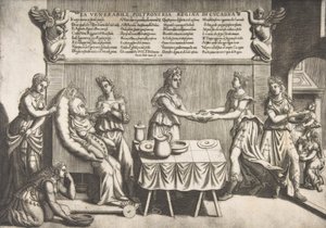 Venerável Ociosidade, Rainha da Cocanha, uma mulher gorda sentada em uma cadeira de toalete móvel sendo..., 1565. de Nicolo Nelli