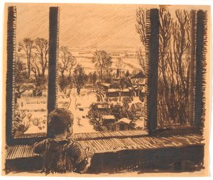 Um menino em uma janela com vista para o jardim e campo de Niels Skovgaard