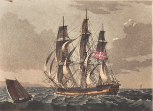Um lootsbaad e um navio fragata dinamarquês para um borrão de Niels Truslew