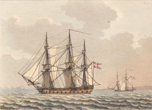 Um navio orlog dinamarquês ancorado, secando seus navios