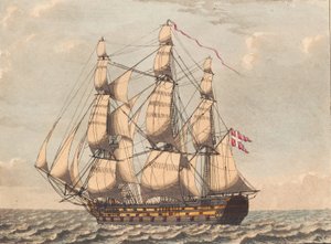 Um navio de partida dinamarquês, para ser visto a sotavento, com um vento lateral