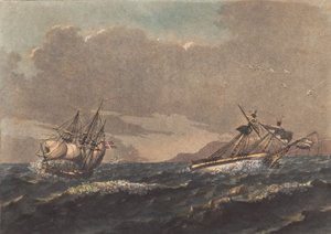 Um navio limpando a terra e um brigue, que, ancorado, naufragou em uma rocha cega