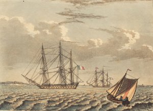 Navios orlog franceses ancorados e um barco que atravessa de Niels Truslew