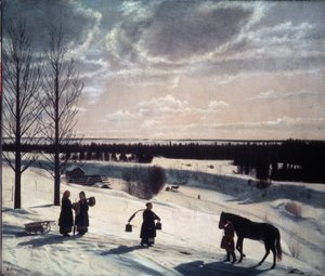 Cena de Inverno, Inverno russo. Descrição de uma paisagem nevada à luz da noite, com figuras na estrada: uma a conduzir um cavalo e mulheres, uma a carregar baldes e duas outras a discutir perto de um marreta. Pei
